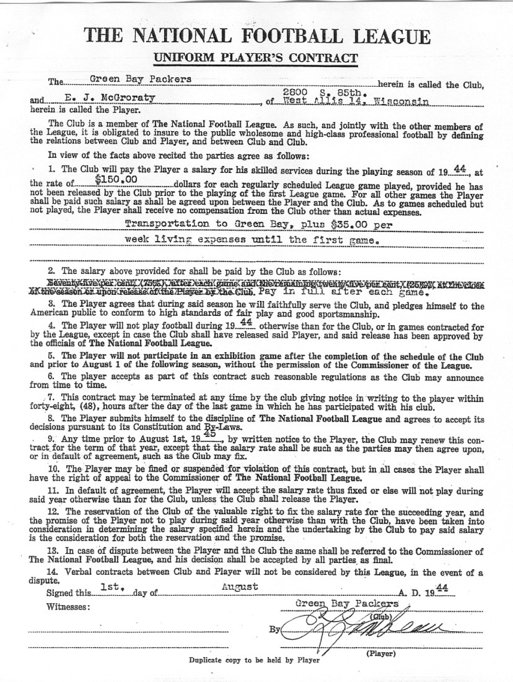 NFL Player contract from 1944
